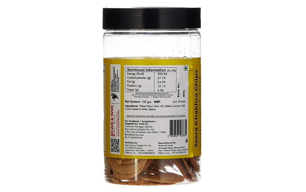Sattviko Jeera Salted Khakhra Chips    Jar  150 grams